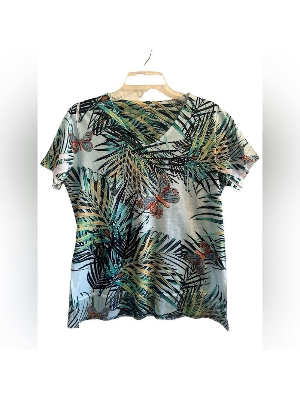 Essentals Milano Sparkling Tropical Palms Butterfly Tee Shirt Womens Medium